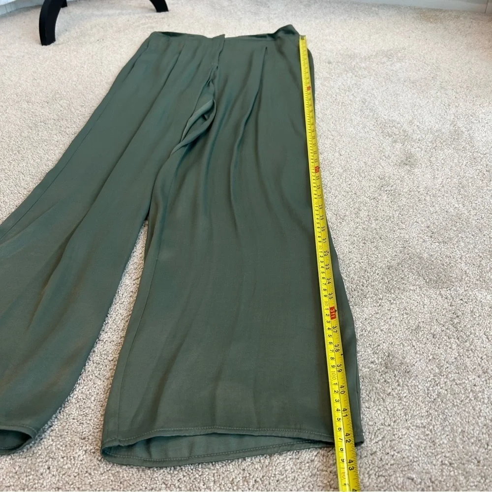 ZARA khaki green full length high waisted pleated wide leg satin effect pants M - Picture 11 of 13